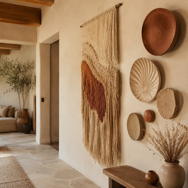 Textile wall hanging combined with handcrafted ceramic wall pieces