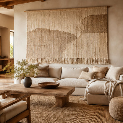 Large woven tapestry adding texture to a neutral living room