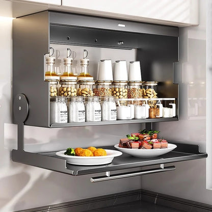 Wall Mounted Kitchen Spice Rack with Double Layer Storage and Foldable Shelf