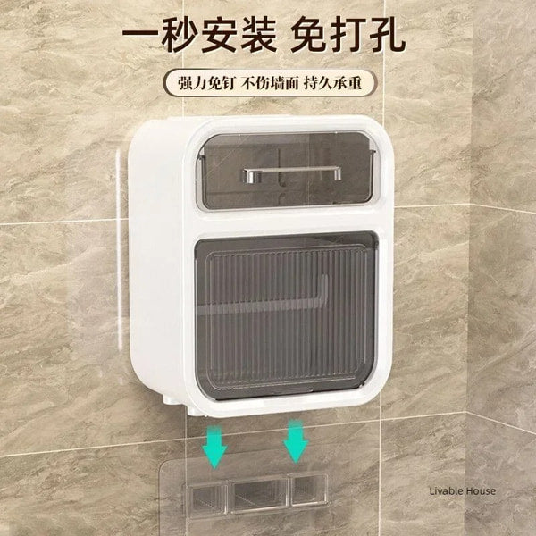 No drill toilet roll holder with top organizer shelf