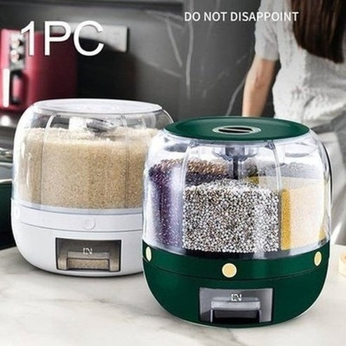 Clear 6 Grid Round Rice Cereal Organizer Container, 360° Rotating Grain Container, Dry Food Storage Box with Dispenser for Kitchen. Type: Food Storage Containers.