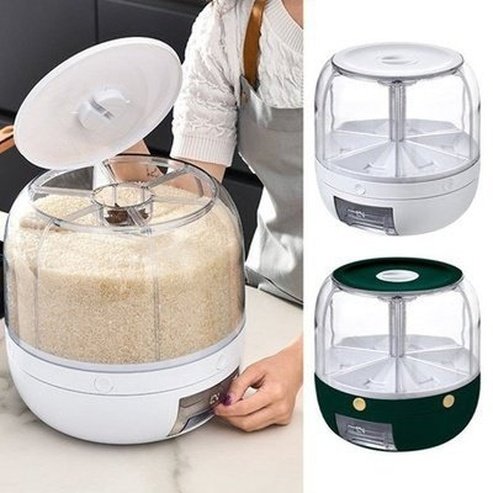 Clear 6 Grid Round Rice Cereal Organizer Container, 360° Rotating Grain Container, Dry Food Storage Box with Dispenser for Kitchen. Type: Food Storage Containers.