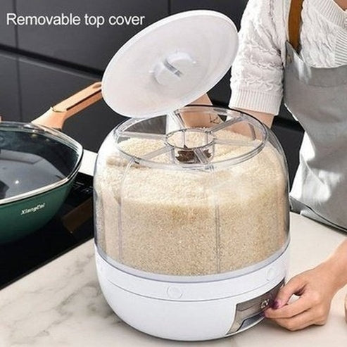 Clear 6 Grid Round Rice Cereal Organizer Container, 360° Rotating Grain Container, Dry Food Storage Box with Dispenser for Kitchen. Type: Food Storage Containers.