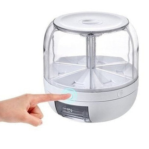 Clear 6 Grid Round Rice Cereal Organizer Container, 360° Rotating Grain Container, Dry Food Storage Box with Dispenser for Kitchen. Type: Food Storage Containers.