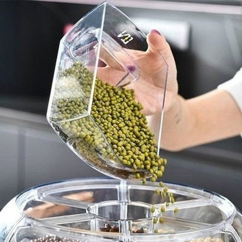 Clear 6 Grid Round Rice Cereal Organizer Container, 360° Rotating Grain Container, Dry Food Storage Box with Dispenser for Kitchen. Type: Food Storage Containers.