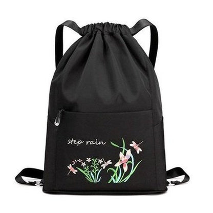 Embroidered Drawstring Backpack Backpacks Black Embroidered Drawstring Foldable Backpack 