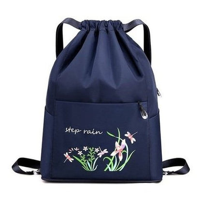 Embroidered Drawstring Backpack Backpacks Dark Blue Embroidered Drawstring Foldable Backpack 