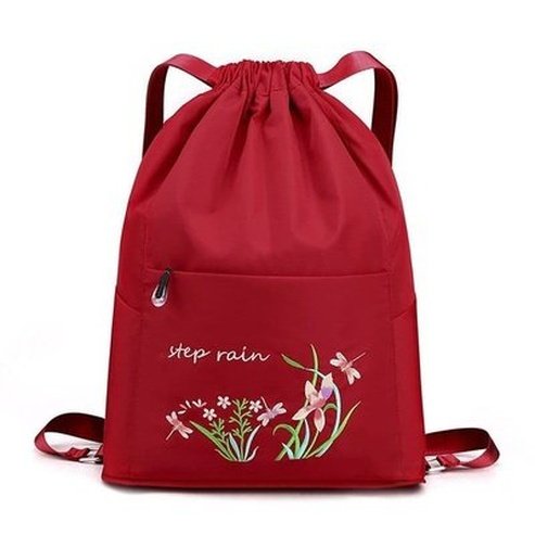 Embroidered Drawstring Backpack Backpacks Red Embroidered Drawstring Foldable Backpack 