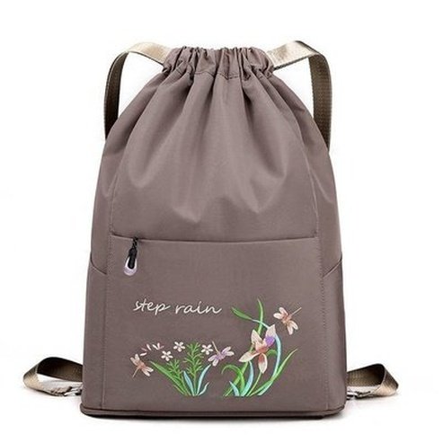 Embroidered Drawstring Backpack Backpacks Gray Embroidered Drawstring Foldable Backpack 