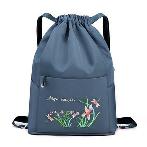 Embroidered Drawstring Backpack Backpacks Smoky Blue Embroidered Drawstring Foldable Backpack 