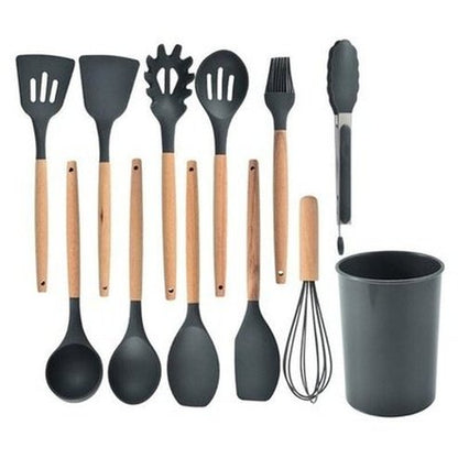 Silicone Cooking Tools Set Cookware Sets Black Gray Silicone Cookware Set With Storage Box · Dondepiso