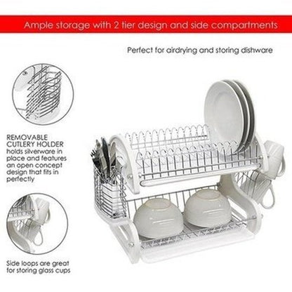 2-Tier Dish Drainer Dish Racks & Drain Boards White Cookware Organizer 2-Tier Plastic Dish Drainer - Dondepiso