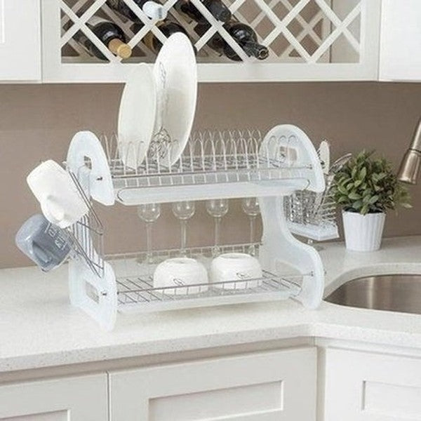 2-Tier Dish Drainer Dish Racks & Drain Boards White Cookware Organizer 2-Tier Plastic Dish Drainer - Dondepiso