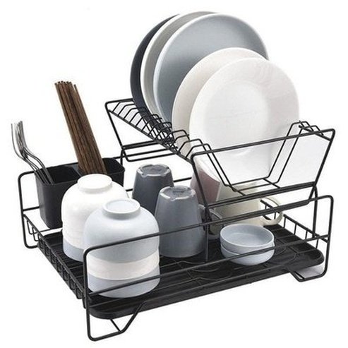 Iron Dish Drainer Organizer Dish Racks &Drain Boards Black Stainless Steel Mesh Dish Drainer with Tray · Dondepiso