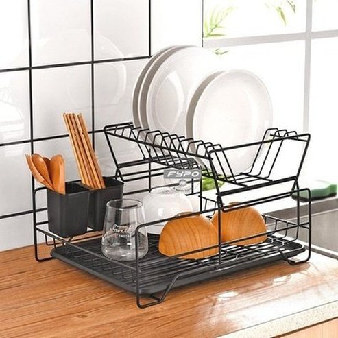 Iron Dish Drainer Organizer Dish Racks & Drain Boards Black Stainless Steel Mesh Dish Drainer with Tray · Dondepiso
