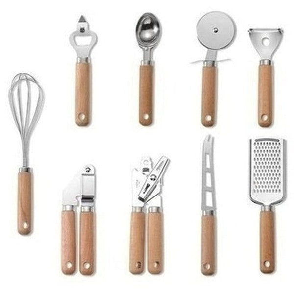 9-Piece Cooking Utensils Set With Wooden Handle Can Opener Baking Set Cooking Tool Kitchenware Pizza Peeler Cheese Knife. Product Type: Cookware Sets