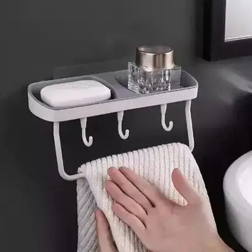 Wall-Mounted Durable Soap Dish Holder, Washcloth and Towel Rack, Shower shelf hold skin care bottles Punch Free